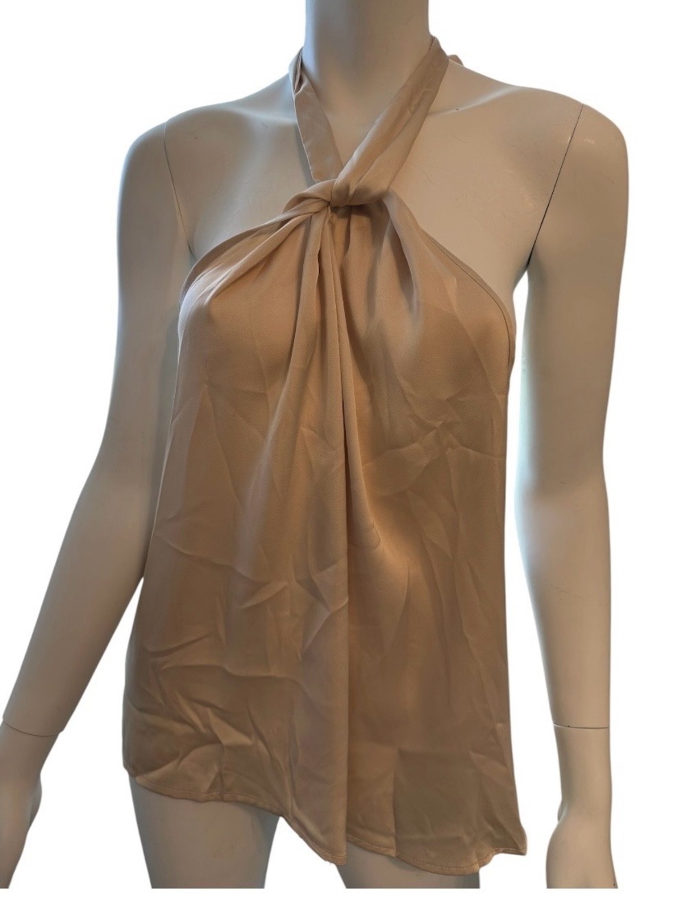Champagne Satin Halter Top Bow Tie Open Back Blouse Size Medium Minimalist